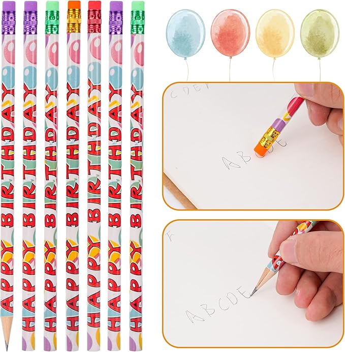 Kolewo4ever 200Pcs Happy Birthday Pencils - Bright Wooden Pencils with Top Erasers for Kids & Adults - Party Favors & School Supplies