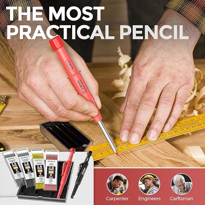 Nicpro 2 Pack Carpenter Pencils with Sharpener, CP3000 Mechanical Carpenter Pencils with 38 Refills, Heavy Duty Construction Pencil, Woodworking Tools for Architect Marking (Black, Red) - With Case