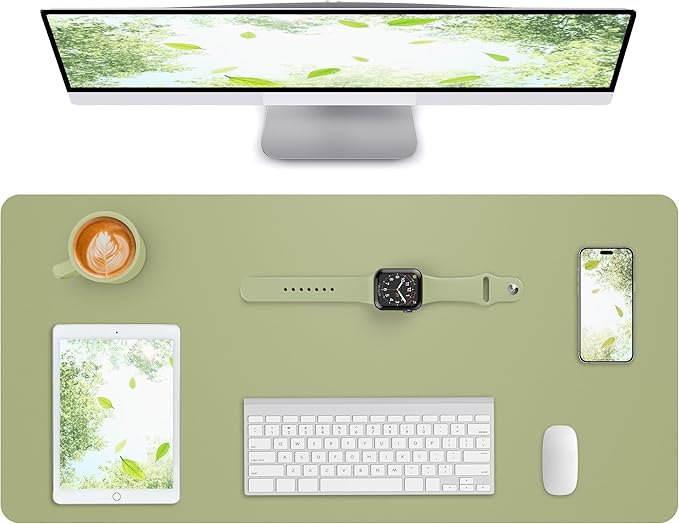 AFIING Leather Desk Pad Protector,Mouse Pad,Office Desk Mat, Non-Slip PU Leather Desk Blotter,Large Desk mat,Waterproof Keyboard mat for Office/Home/Decor (Olive Green,35"" x 17"")