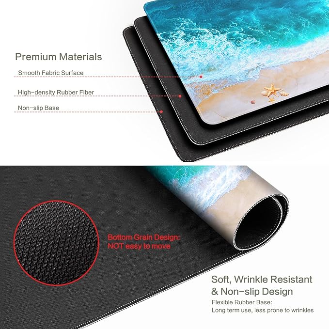 Blue Ocean Mouse Pad Desk Mat Starfish Beach Big Gaming Mouse Pad Anime Desk Pad Mousepad XXL Extended Keyboard Mat, Computer Laptop Mouse Mat for Work, Game, Office, Home, Waterproof, 31.5 x 15.7 in