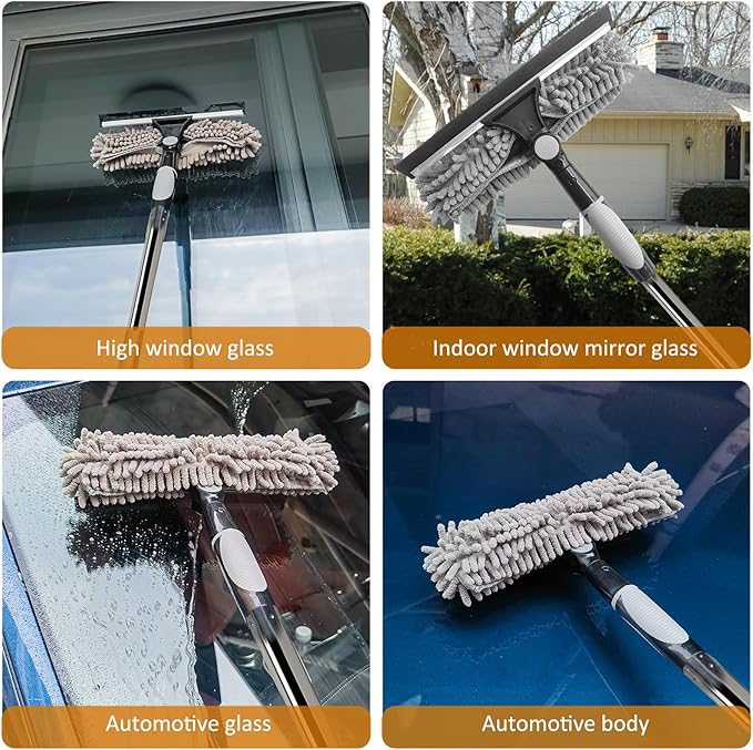 20+ Feet Reach 2 in 1 Window Washing Squeegee & Duster with 3-13 ft Splicable Extension Pole // Window Cleaning Tool & Window Washer Squeegee for Home Indoor Outdoor Window Washing (Grey)