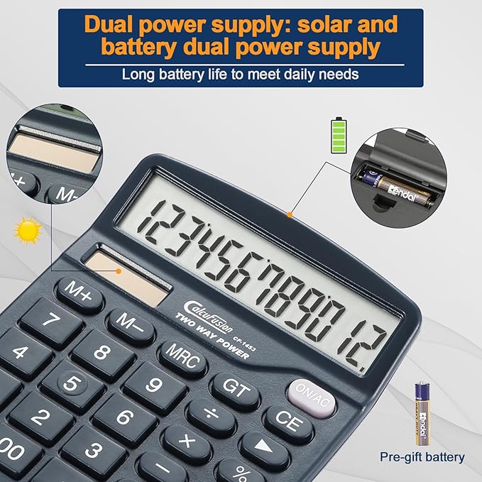 Calculator, 12 Digits Desk Calculators with Large Display LCD & Sensitive Big Buttons Dual Power Solar with Battery Standard Functions Basic Calculators for Offices Home Schools CF-1453
