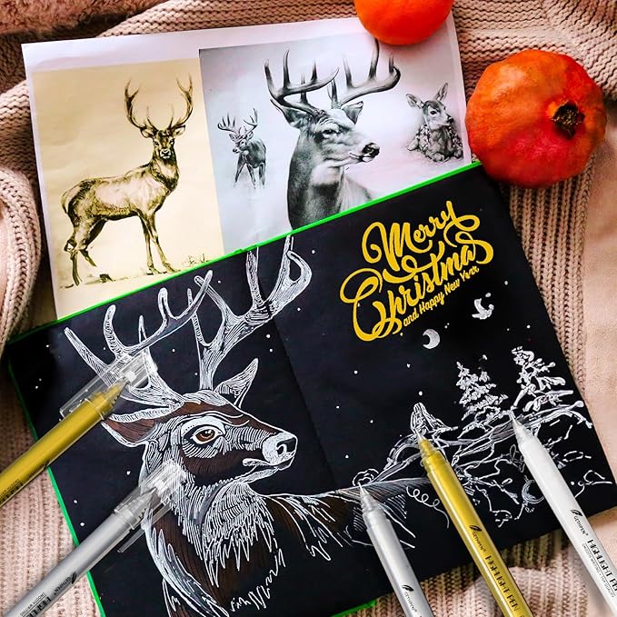 0.6mm Fine Point Gold Gel Pens, 3-Pack for Artists Drawing on Black Paper, Sketching, Adult Coloring Books & Holiday Crafts