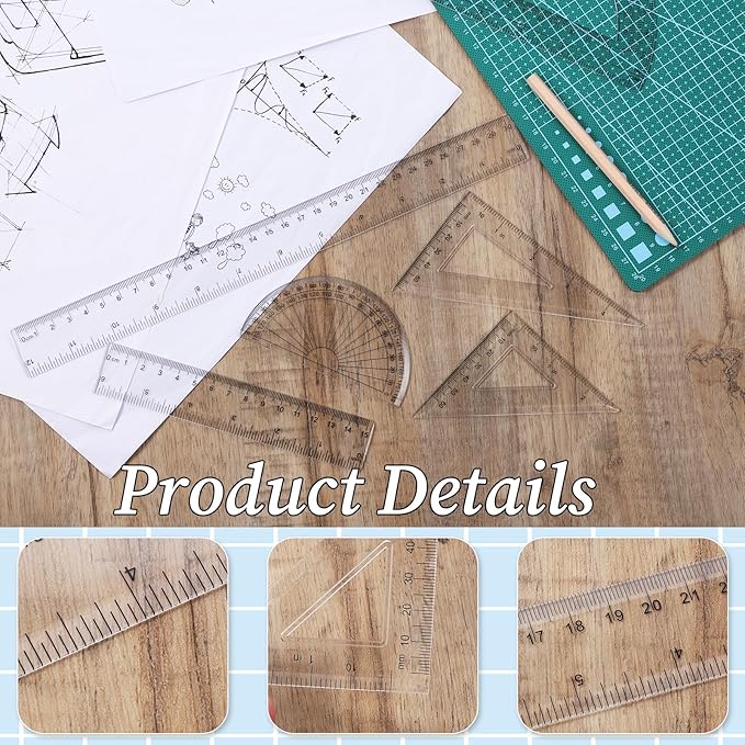 1 Set Plastic Clear Ruler Math Set, Includes 6" | 12" Long Straight Ruler, Triangles, Protractor Geometry Math Transparent Rulers for School Office Home Office Drawings (Transparent)