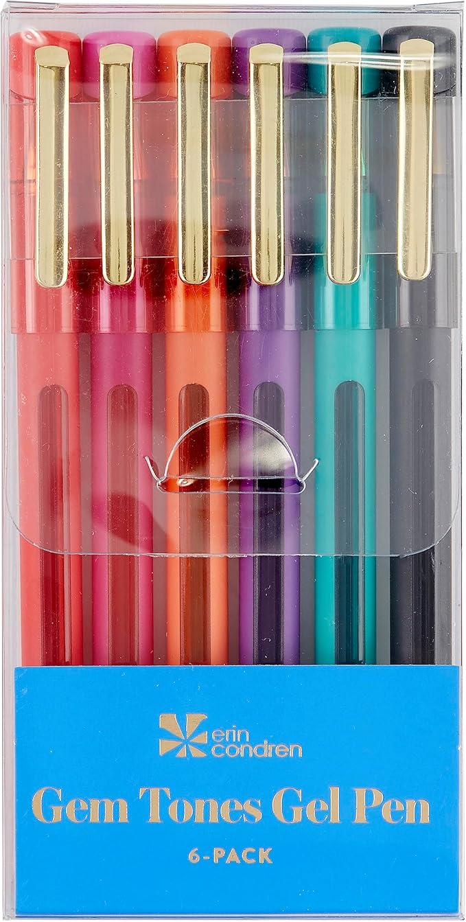 Erin Condren 6-Pack Colorful Gel Pens - Gem Tones -Gel Pen Ink Including Colors Red, Fuchsia, Orange, Purple, Aquamarine, Black and More! Perfect for Coloring and Writing