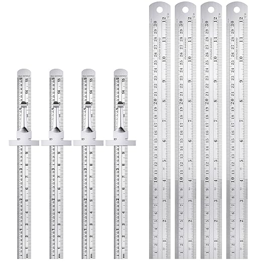 TOODOO 8 Pcs Pocket Ruler 6 Inch and 12 Inch Metal Rulers with Inch and Metric Graduation Stainless Steel Precision Measuring Tool for Engineering, School, Office