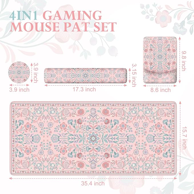iCasso Mouse Pad with Wrist Rest,Large Desk Mat Set,Ergonomic Keyboard Pad with Wrist Support,Non-Slip Mouse Mat for Women,Cute Floral Computer Mat for Home Office Gaming (Pink)