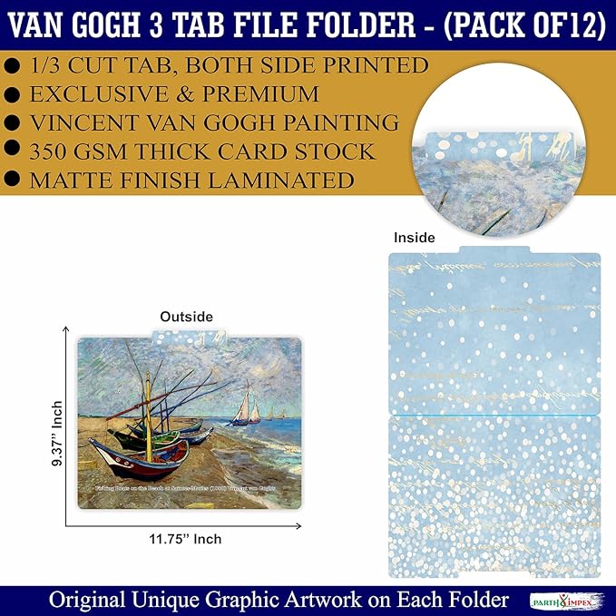 PARTH IMPEX 12 Pack Vincent Van Gogh Decorative File Folders, 1/3 Cut Tab with Assorted Positions, Letter Size Paper Holders (9.37” x 11.75”) Matte Finish Laminated for Office School Work