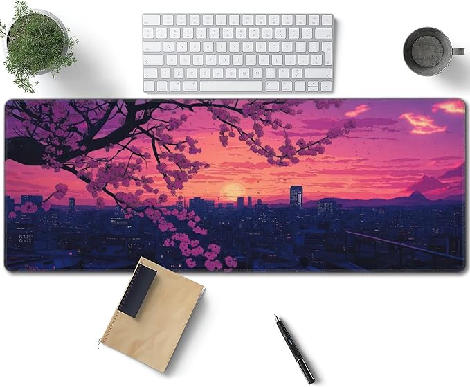 Sakura City Sunset Large Mouse Pad, Anime Style Gaming Desk Mat, XL Keyboard Desk Pad Mat for Desktop, 31.5"x11.8" Non-Slip Base Big Mousepad with Stitched Edges