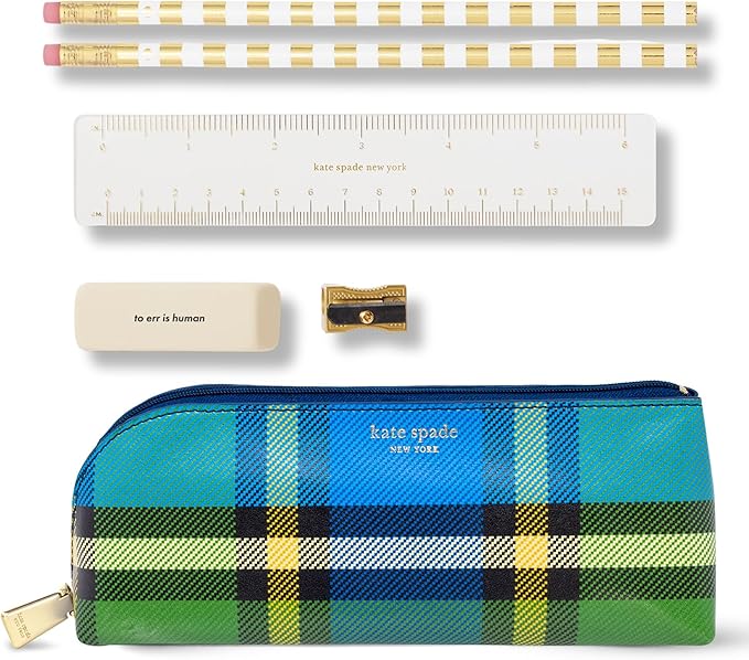 kate spade new york Pen and Pencil Case with Office Supplies, Zip Pouch Includes 2 Pencils, Sharpener, Eraser, and Ruler, Grand Plaid Duo