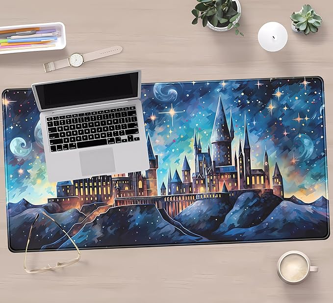 Blue Castle Desk Mat Aesthetic Cute Desk Pad, Extended Large Mouse Pad XXL Gaming Keyboard Pad, Computer Desktop Mouse Mat Full Desk Laptop Mat, Fantasy Art Office Desk Accessories 31.5" x 15.7"