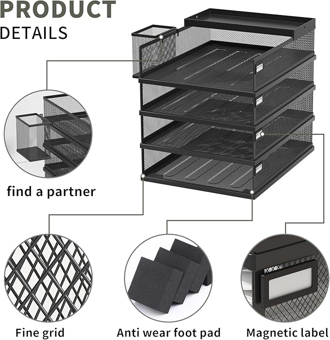 Stackable Letter Trays, 4 Tier Metal Paper Tray & Desk Organizer, Stackable File Trays for Office & Home, Multi-Functional Document Tray with Fine Grid Design & Magnetic Labels,Black