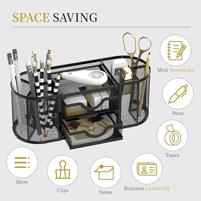 SUPEASY Mesh Desk Organizer, Desk Organizers and Accessories, Pen Holder with Drawers, Pencil Holder for Desk with 2 Drawer for Office Supplies, Black