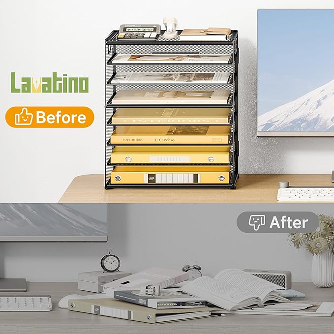 Lavatino 8 Tier Paper Organizer for Desk, Black Mesh Letter Tray File Sorter Organizers with Handles, Include 5 Pcs Adjustable Slid Tray for Office School Classroom Supplies Organization and Storage