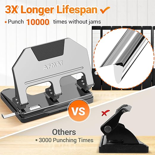 AFMAT HPX3 Heavy Duty 3 Hole Punch, 40-Sheet 3 Hole Puncher for Binder, Metal Three Hole Punch w/ 10,000+ Uses, 50% Reduced Effort, Bulit-in S.S. Paper Guide, Large Chip Tray, Gray