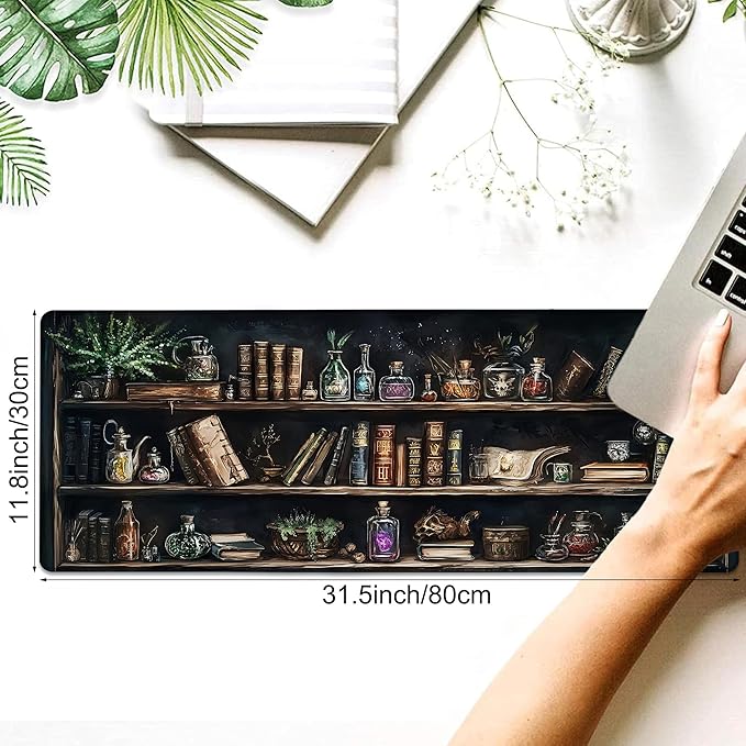 Desk Pad, Black Academia Fantasy Bookshelf Goth Skull XL Gaming Mouse Pad with Stitched Edges,Non-Slip Waterproof Rubber Base Large Desk Mat for Keyboard and Mouse 31.5"x11.8"