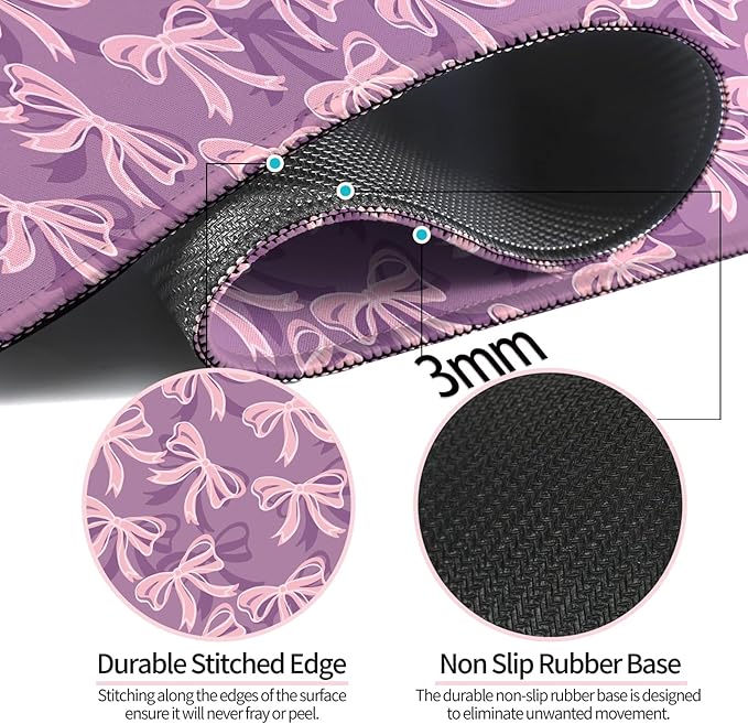Pretty Purple Bows Gaming Desk Mat, Computer Keyboard Large Extended Long Girly Mouse Pad for Office and Home, XL (W15)