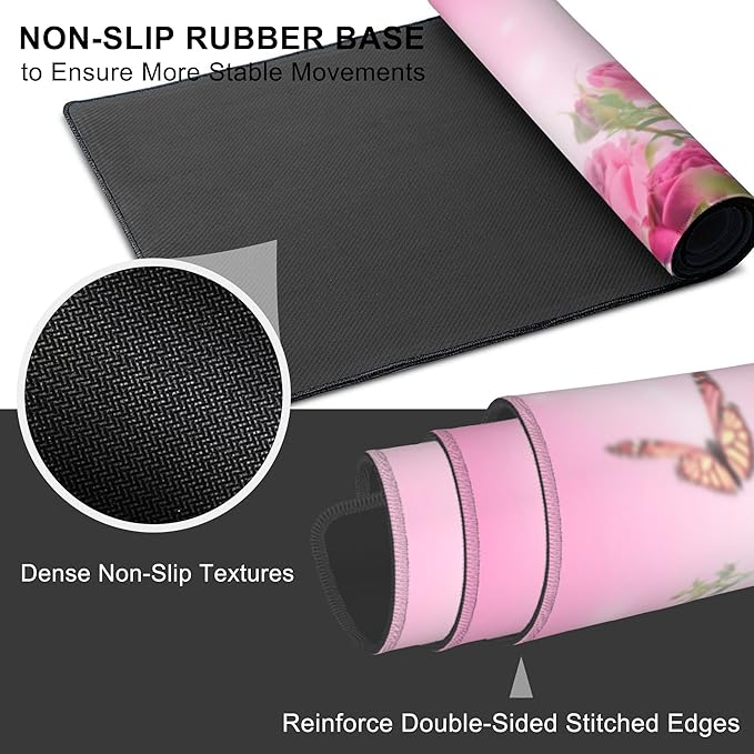 Mouse Pad, Large Pink Roses with Butterflies Desk Mat, Extended Non-Slip Gaming Keyboard Mousepad Desk Pad, Thick Stitched Edges Waterproof Mouse Mat 31.5"x15.7" (Beautiful Spring Floral)