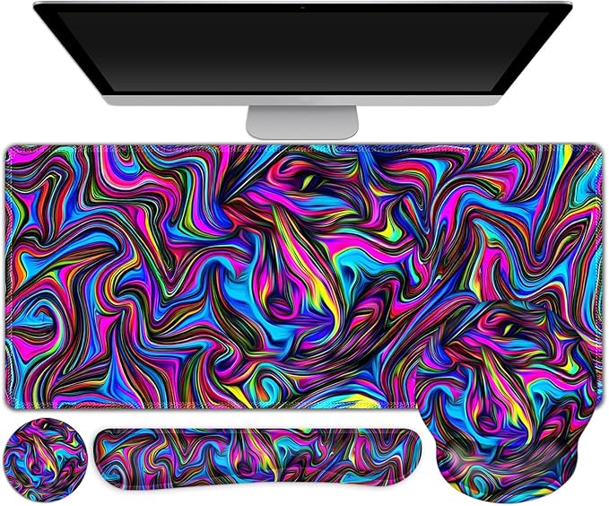 Gaming Mouse Pad, Large Desk Mat, Cute Desk Pad Protector, 4in1 XXL Mousepad + Keyboard Wrist Rest+Mouse Wrist Rest+Coaster Set with Ergonomic Desk Pad for Home Office Computer, Dazzling Bright Color