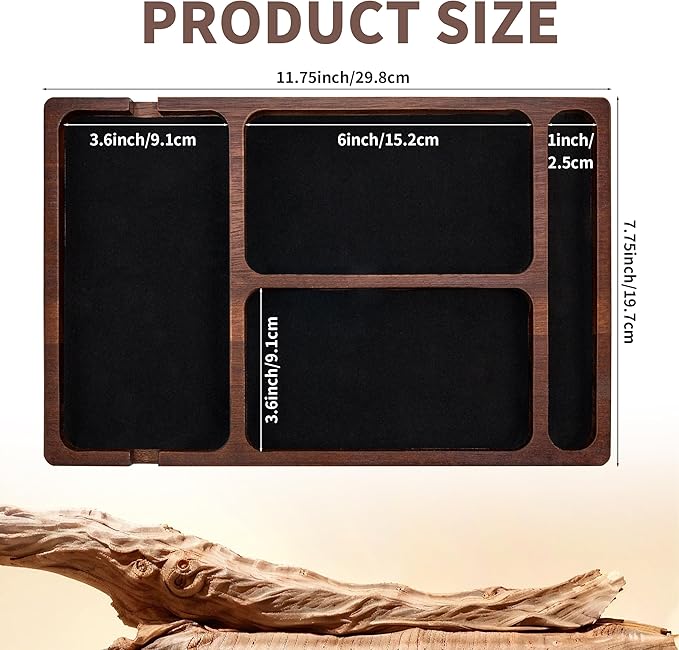 Valet Tray, Multi-Space Acacia Wood Leather Surface Desk Organizer Tray with Charging Assistance Port for Office or Study Room, Nightstand Organizer for EDC, Store Phone, Watch, Wallet, Keys, Jewelry