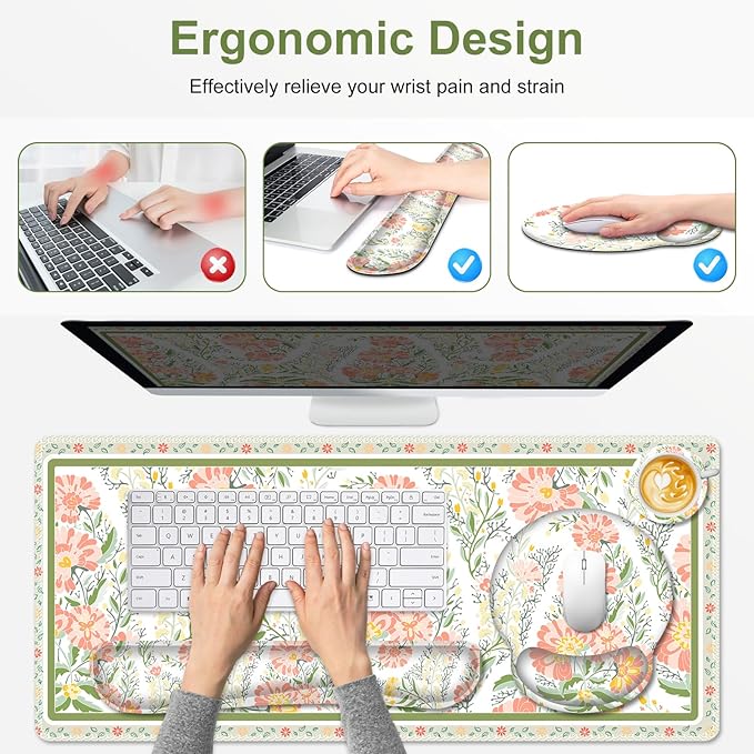 Desk Mat, 4in1 Large Mouse Pad with Wrist Rest, Cute Desk Matt for Desktop, Deskpad Mat, Anti-Slip XXL Computer Ergonomic Mousepad with Wrist Support for Keyboard and Mouse I Elegant Daisy Florals