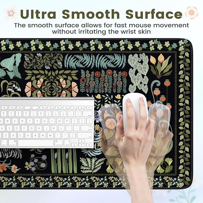 HAOCOO Black XXL Mouse Pad, Floral Desk Mat for Keyboard and Mouse, Vintage Keyboard Mat with Non-Slip Rubber Base, Water-Resistant Desk Pad Mat with Stitched Edges for Office