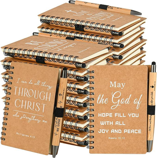 Christian Prayer Journal Spiral Notebooks Bulk with Pens - Small Notepads (4.13”x5.43”) - inspirational Gifts for Women men,Church Members & Bible Study Groups (30 sets Brown)
