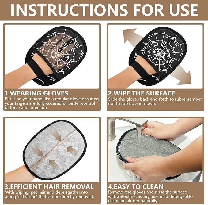 CHPGPUG Goth Spider Web Pet Hair Removal Glove for Cats & Dogs Reusable Pet Hair Removal Glove pet Hair Electrostatic Gloves