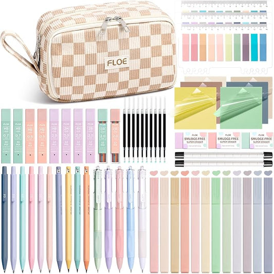 62PCS Aesthetic School Supplies, Cute Back to School Supplies College Essentials Preppy Stationary Set with Large Pencil Pouch Case, Pastel Highlighters Gel Pens Mechanical Pencils for Student Girls