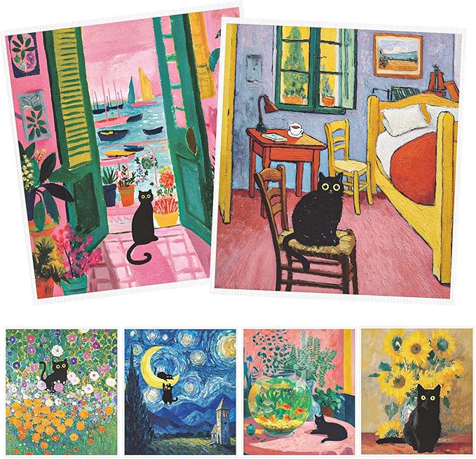 Oil Painting Swedish Dishcloths for Kitchen, 6 Pack Black Cat Wall Art Reusable Paper Towels Washable, Absorbent Dish Rags for Washing Dishes Housewarming Gifts