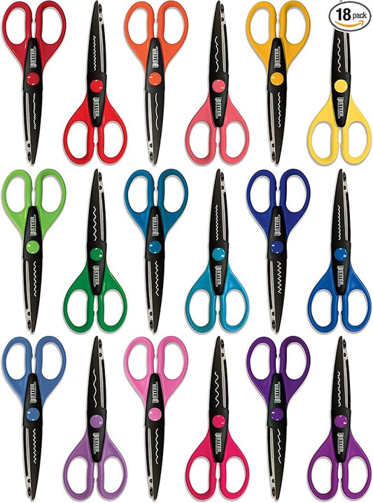 Better Office Products 18 Piece Decorative Edge Craft Scissors, 18 Colors and Edge Designs, 6 Inch Length, 2.5 Inch Blades, Assorted 18 Count Edger Scissors
