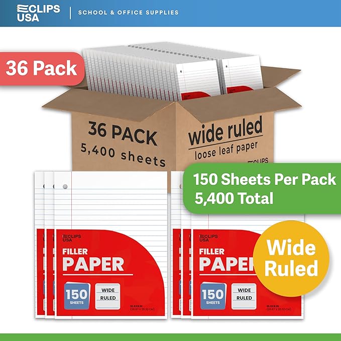 Wide Ruled Notebook Paper, Loose Leaf Paper, 10.5” x 8” Reinforced Paper, 65 gsm, 5400 Sheets (36 Pack)