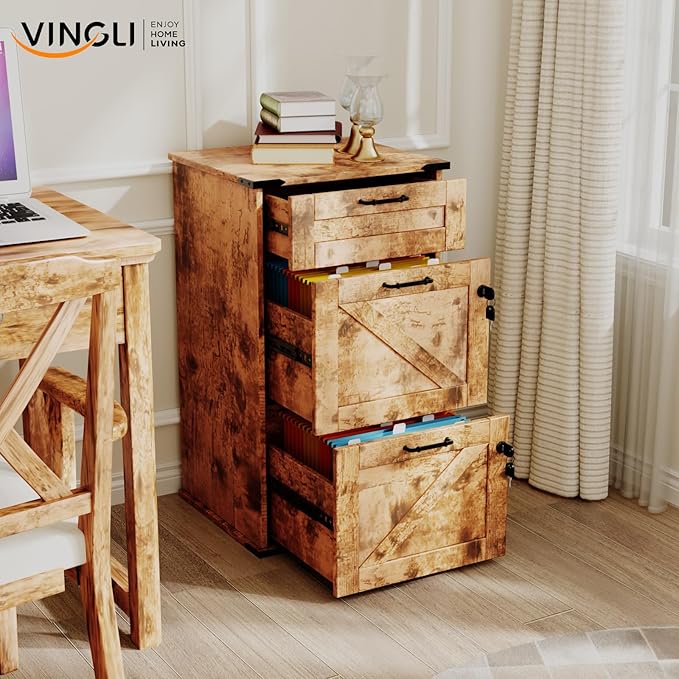 VINGLI 3 Drawer File Cabinet with Lock, Home Office Filing Organizer, for Letter Size File Folder Storage, Modern Farmhouse Style, Wood Vertical Filing Cabinet, Archivador (Rustic Brown)