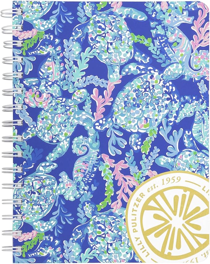 Lilly Pulitzer Women's Blue Hardcover Mini Spiral Notebook, 8.25" x 6.5" with 160 College Ruled Pages, Turtle Villa