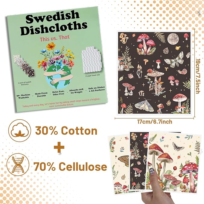 Reusable Swedish Dishcloths for Kitchen, 6PCS Mushroom Moth Cellulose Sponge Paper Towels Washable, Absorbent Fast Drying Swedish Dish Cloth for Home Cleaning