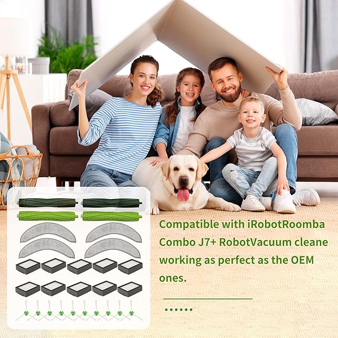 2 Set of Roller Brush & 10 Filters & 4 Mop Pads & 10 Side Brushes Replacement Parts Accessories Compatible with iRobot Roomba Combo J7+, Combo J9+,Combo 10 MAX Robot Vacuum Cleaner