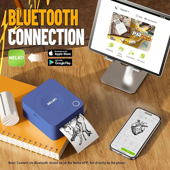 Nelko Sticker Printer, PM230 Print Pod Mini Bluetooth Portabel Sticker Maker with 3 Rolls Paper, Print Pods Mini Printer with Multiple Templates for Phone & Tablet，for School Office Home, Blue