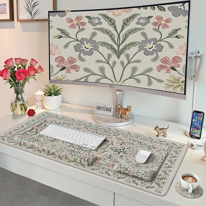 iCasso Mouse Pad with Wrist Rest,Large Desk Mat Set,Ergonomic Keyboard Pad with Wrist Support,Non-Slip Mouse Mat for Women,Cute Floral Computer Mat for Home Office Gaming (Gray Floral)