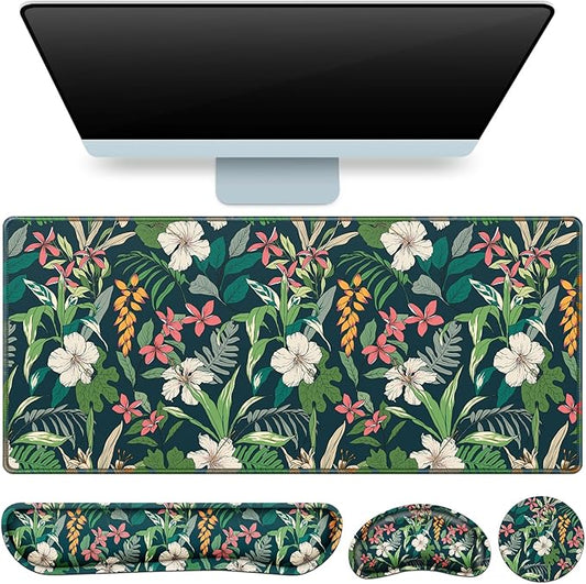 Desk Mat Floral, Large Gaming Mouse Pad with Wrist Rest, 4in1 XXL Mousepad+Keyboard Wrist Rest+Mouse Pad Wrist Support+Cup Coaster Set Ergonomic Computer Desk Arm Wrist for Decor Home Office Women
