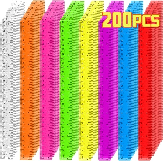 200 Pack Clear Plastic Ruler 12 Inch, Rulers Bulk for Classroom, Transparent Assorted Color Ruler with Centimeters and Inches, Metric Rulers for Kids, Ideal Back to School Office Home Supplies