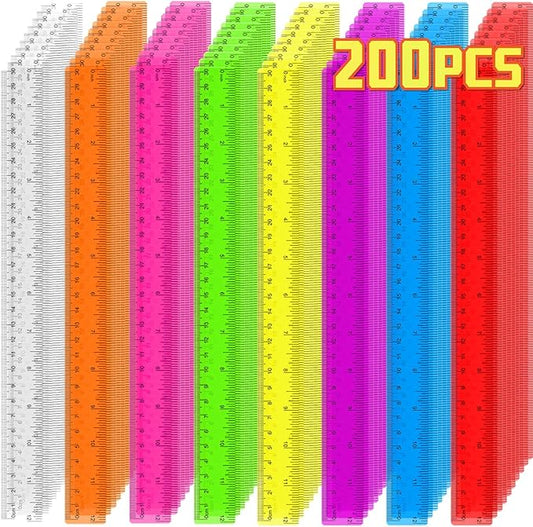 200 Pack Clear Plastic Ruler 12 Inch, Rulers Bulk for Classroom, Transparent Assorted Color Ruler with Centimeters and Inches, Metric Rulers for Kids, Ideal Back to School Office Home Supplies