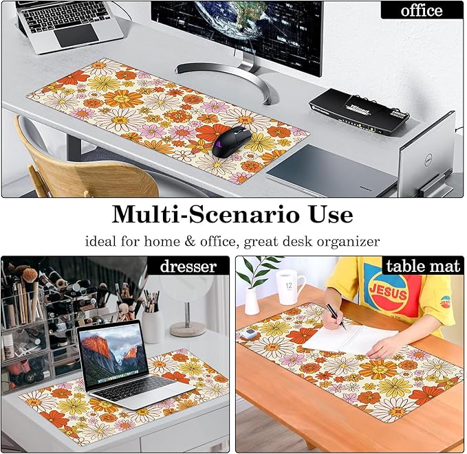Orange Daisy Desk Protector, Stitched Edges Flower Mouse Mat, Large Office Mat, Non-Slip Blotter, Laptop Desk Pad, Floral Writing Pad for Office and Home (31.5" x 15.7")
