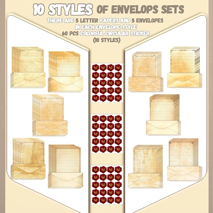 TaoBary 160 Pcs Stationery Paper Set 50 Double Sided Stationery Papers with 50 Matching Envelopes and 60 Round Dot Sticker, 10 Design(Light Vintage,8.5 x 11 Inch)