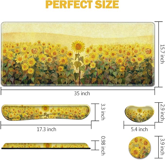 AIMSA Keyboard Mouse Pad Wrist Rest, Extended Gaming Mouse Pad +Wrist Support, Ergonomic Memory Foam,XXL Large Mousepad, 4Pcs (35×15.7 in) Desk Mat, Sunflower Oil Painting