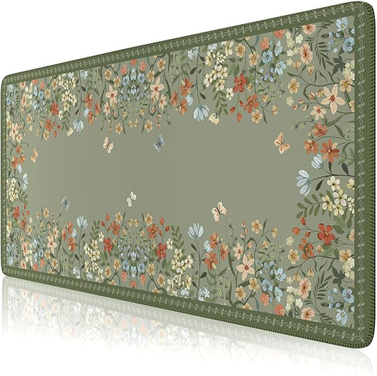 HAOCOO Dark Green Floral Desk Mat, Desk Mat for Keyboard and Mouse, XL Mouse Pad with Non-Slip Rubber Base, Waterproof Computer Mats for Desktop, Long Mouse Pad for Gaming, Women Office