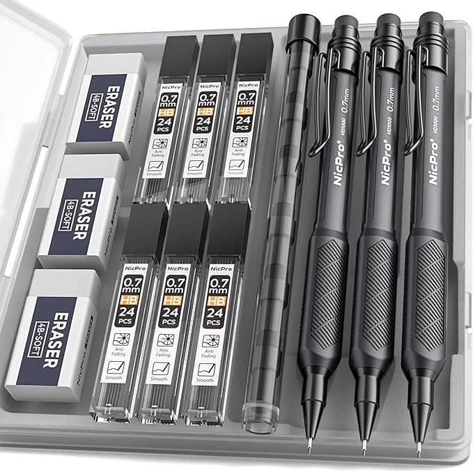 Nicpro 0.7 mm Mechanical Pencil Set with Case, 3PCS HD1000 Art Drafting Pencils Lead Pencil 0.7 With 6 Tube HB Lead Refills, Eraser, Weatherproof Barrel for Outdoor Writing Drafting Drawing Sketching