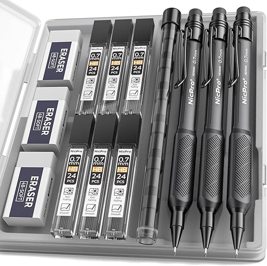 Nicpro 0.7 mm Mechanical Pencil Set with Case, 3PCS HD1000 Art Drafting Pencils Lead Pencil 0.7 With 6 Tube HB Lead Refills, Eraser, Weatherproof Barrel for Outdoor Writing Drafting Drawing Sketching