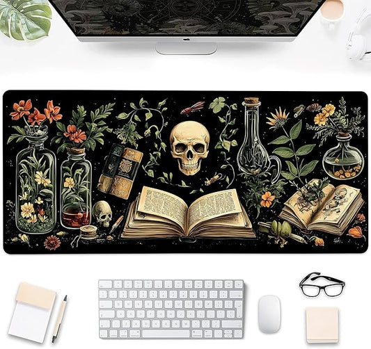 Gaming Mouse Pad, Dark Academy Green Plant Skull Large Desk Mat for Keyboard and Mouse,Non-Slip Rubber Base and Stitched Edges Desk Pad for Home Office 35.4x15.7in