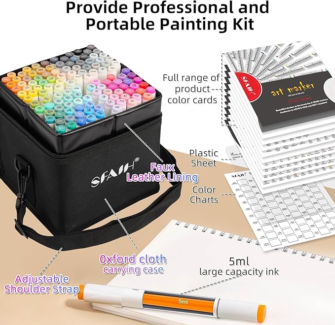 SFAIH Alcohol Markers Brush & Fine - 121 Colors Double Tipped Art Markers for Adult Coloring Illustration, Gifts for Artist Adult - Adjustable Shoulder Strap & Faux Leather Lining & Outer Zip Pocket