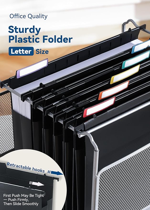 Plastic Extra Capacity Hanging File Folders, 2" Expanding Pocket, Heavy Duty for Filing Cabinet, Insertable 1/5-Cut Tabs, Letter Size - 12 Pack